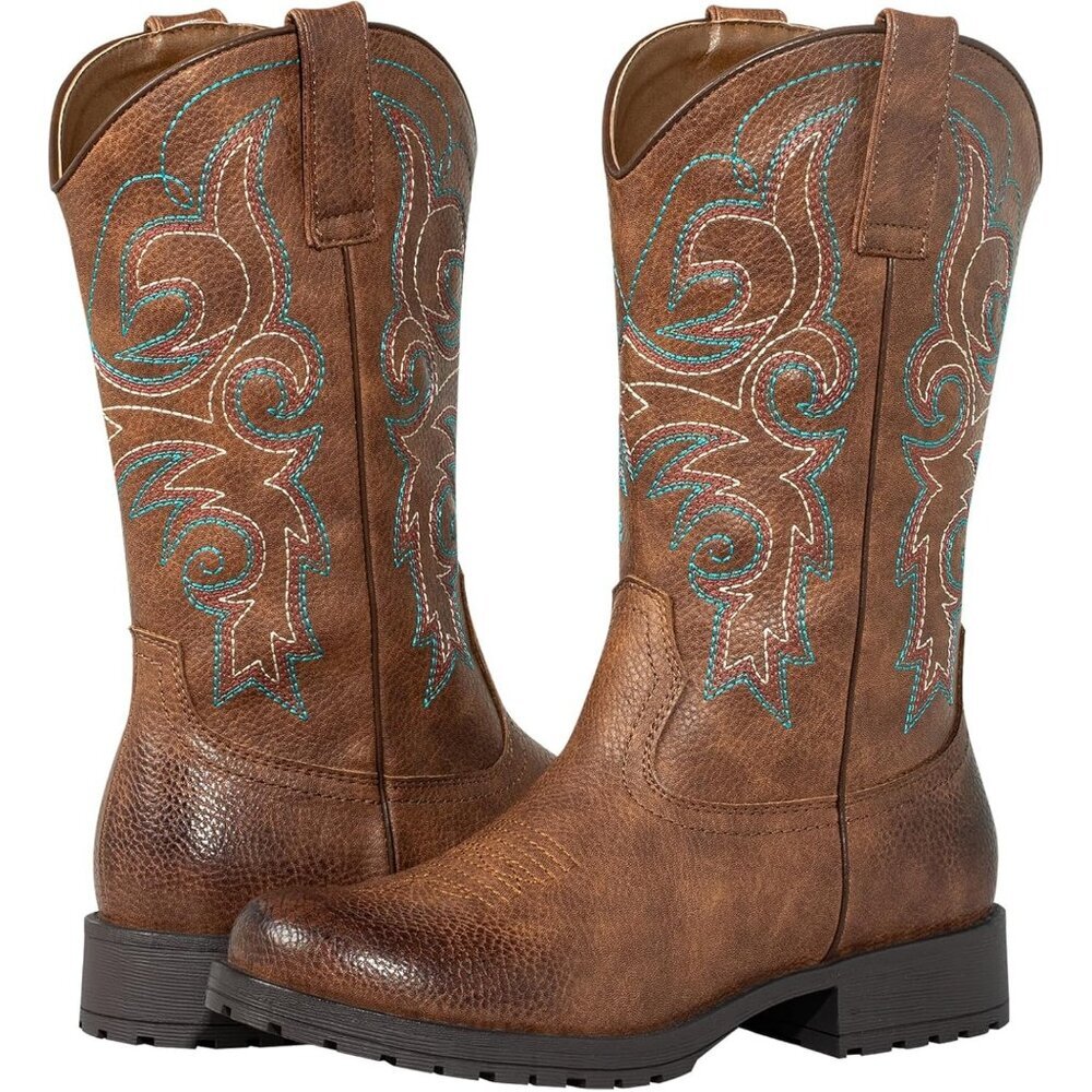 Women's Brown Leather Embroidered Square Toe Western Knee High Cowgirls Boots - Picture 9 of 9